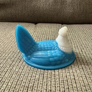 Blue and White Ceramic Hen Dish. **lid only** bottom of lid is 4 3/4” wide